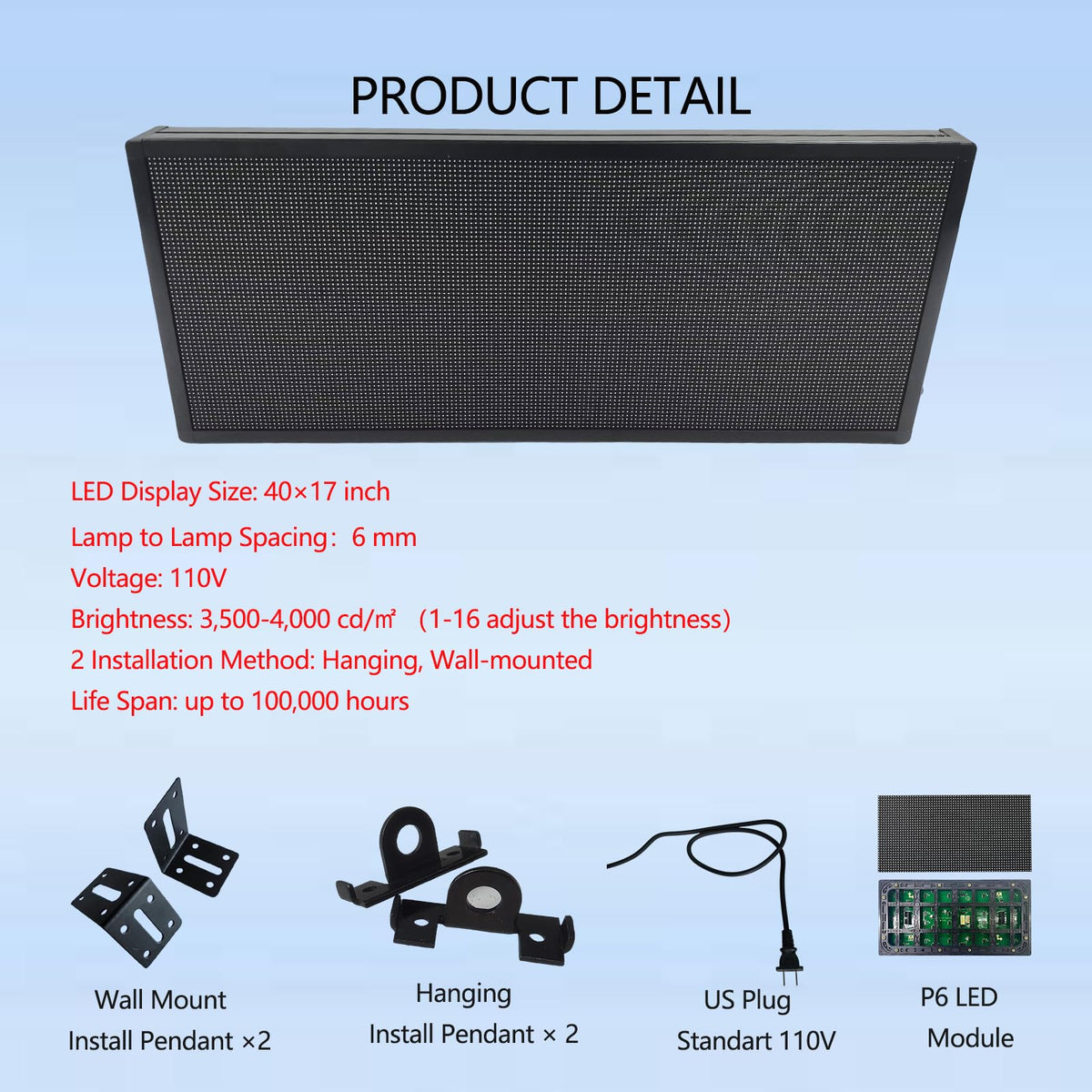 P6 Programmable LED Sign Supports Text/Image/Video, 40"x17" Outdoor Scrolling LED Digital Display for Business, IP65 Waterproof Electronic Message Board with WiFi & USB Control