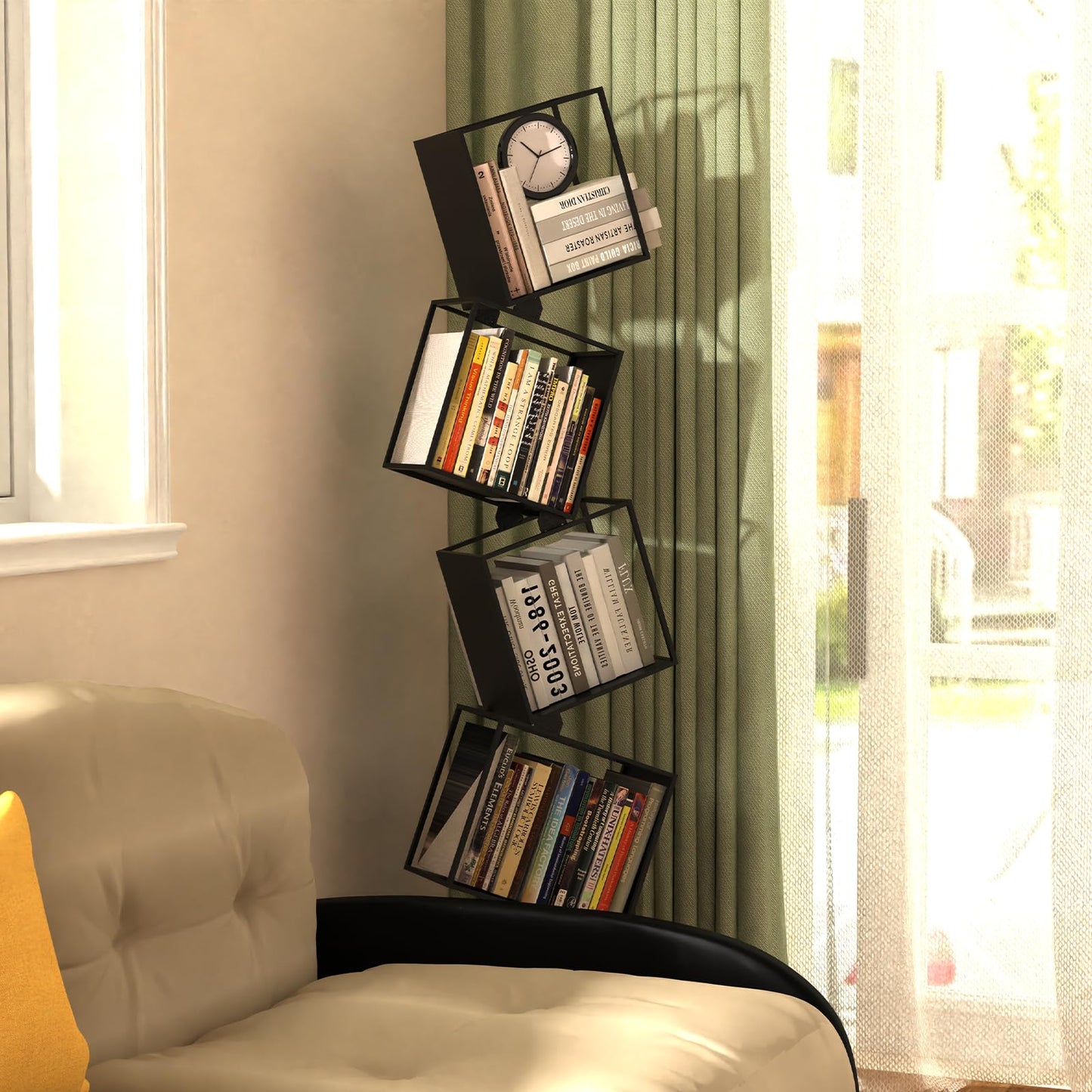 Kunicely 5-Tier Metal Geometric Bookshelf – Modern Narrow Floor Bookcase, Space-Saving Organizer for Living Room, Bedroom, Office, Corner – Black