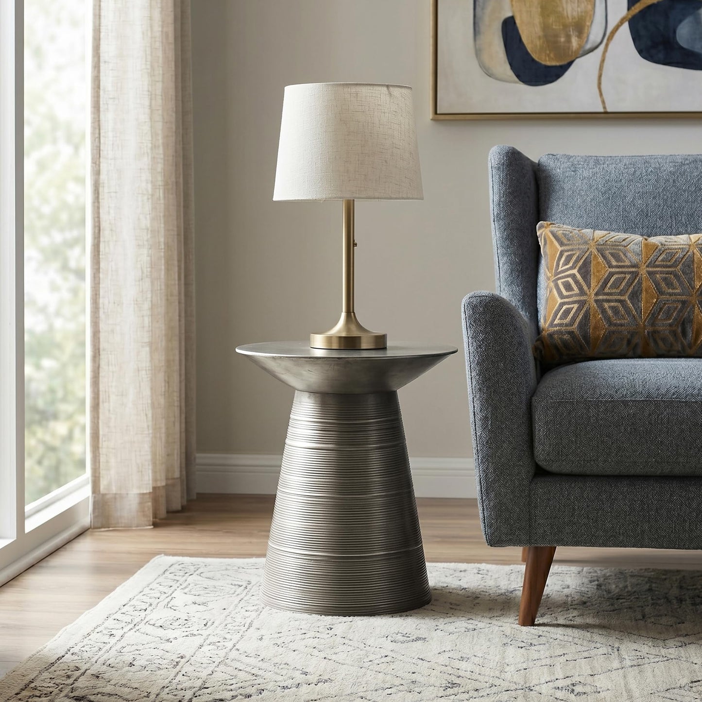 SIMPLIHOME Sheridan Metal Table - 18" Wide x 20" High Solid Metal Round Side Table in Antique Silver, Industrial Accent Table for Living Room, Bedroom, or Office with Sculptural Design, Assembled
