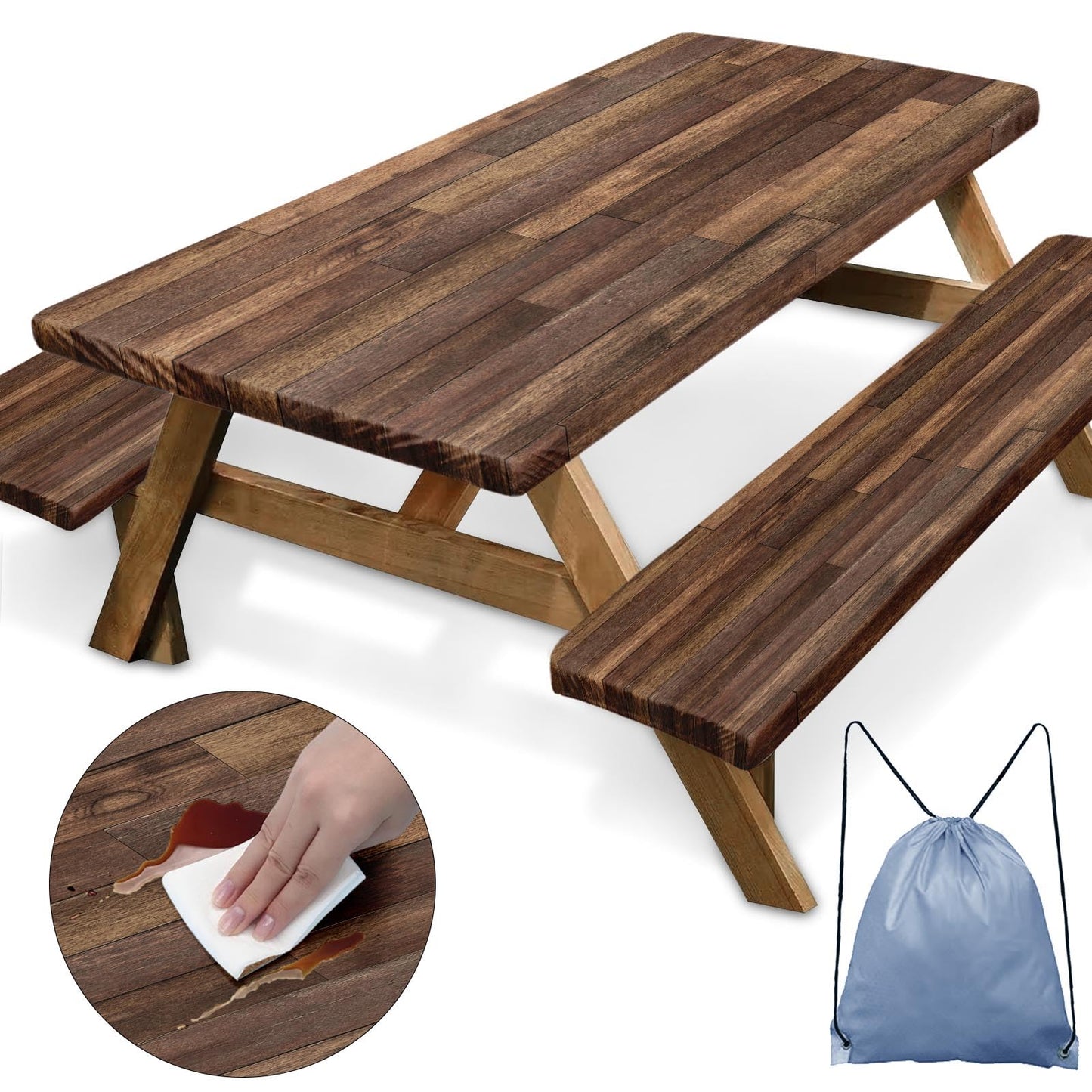 Britown Picnic Table Cover with Bench Covers Elastic Edges, Brown Wood Fitted Table Cover, Outdoor Patio Camping Essentials 72 Inch 3PCS, Waterproof Camping Fitted Tablecloth with Drawstring Bag