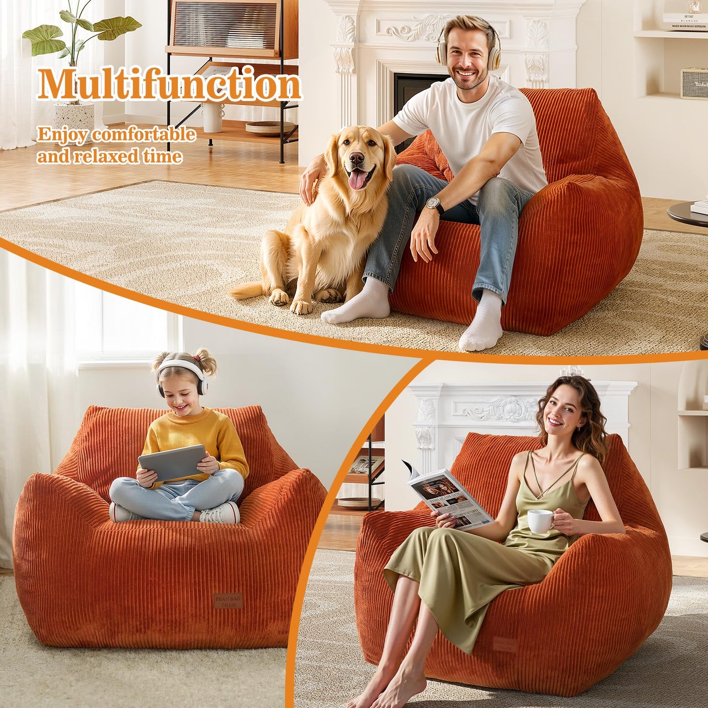 Vellorise Big Bean Bag Chair for Adults, Ultra Soft Living Room Bean Bag with Armrests, Stuffed BeanBag Chair for Napping, Gaming, Vacuum-Compressed for Easy Gifting, 48 Hours to Fluffs Up, Orange