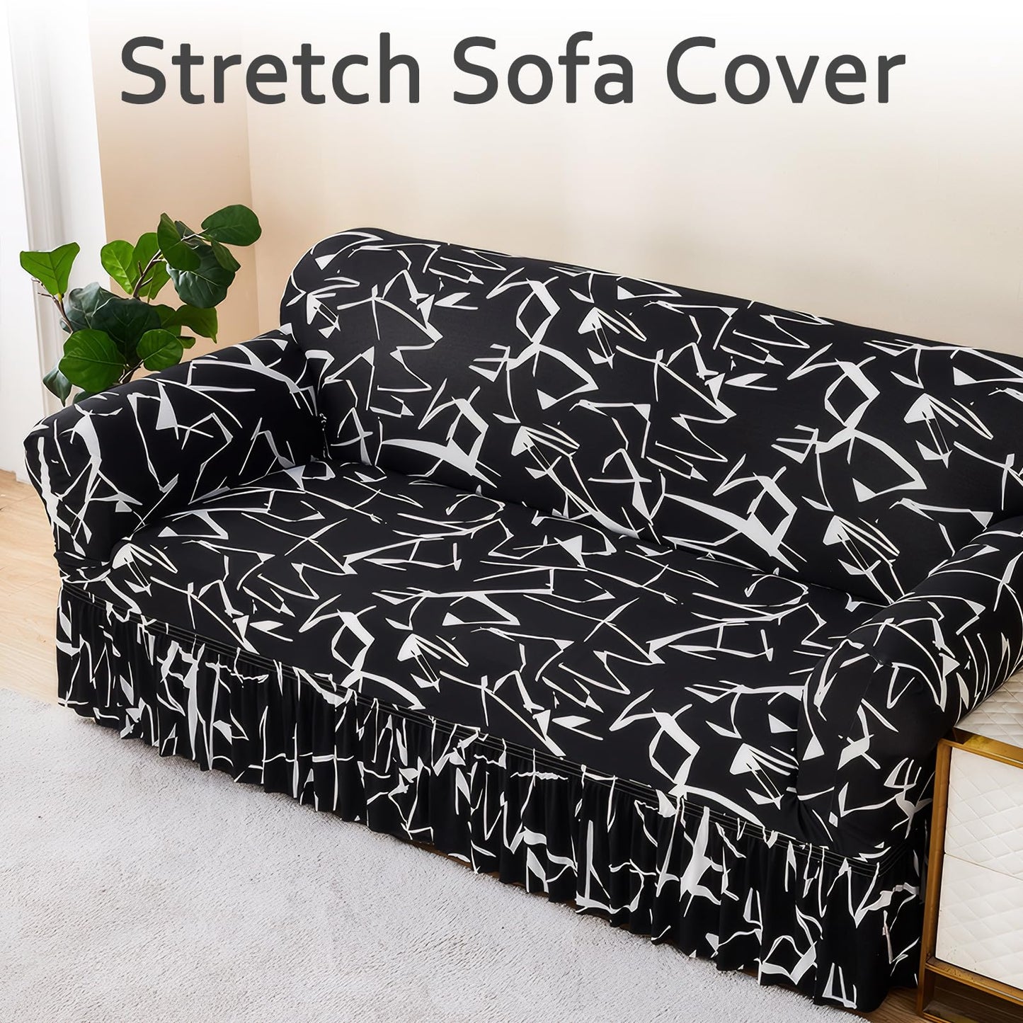 Ausing Printed Armchair Protector Single Sofa Slipcover with Skirt Printed Non-Slip Couch Cover Stretch Furniture Covers for Living Room Black Abstract(35”-55”)