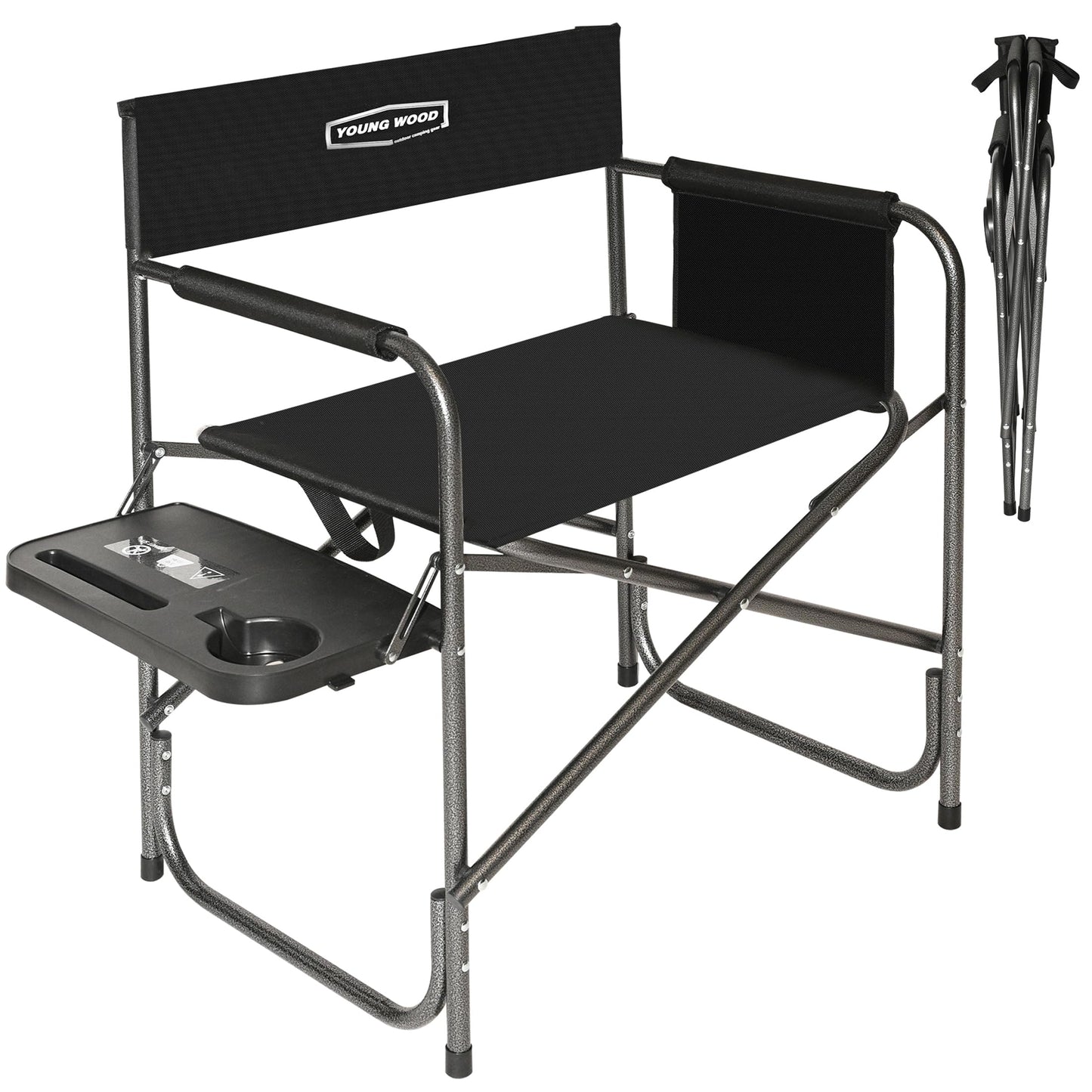 YOUNG WOOD Camping Directors Chair, Lightweight Oversized Portable Folding Chair with Side Table and Storage Pockets for Outdoor Camping, Lawn, Picnic and Fishing, Supports 400lbs (Black)