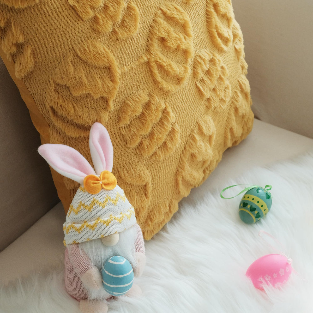 JOJUSIS Decorative Pillow Covers Pack of 4 Spring Throw Pillowcases Faux Fur Couch Cushion Easter Egg 18 x 18 Inch