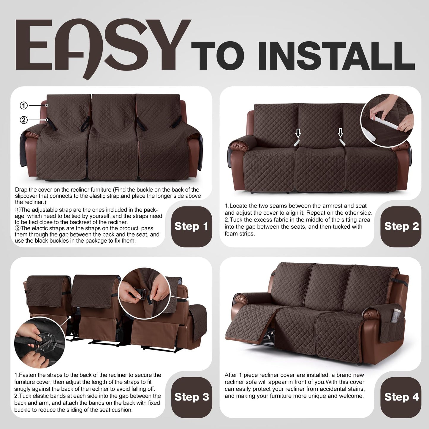 KinCam Waterproof Recliner Sofa Cover, Non-Slip Reclining Couch Covers for 3 Seat, Recliner Couch Cover Furniture Protector with Elastic Straps for Pets, Kids, Chocolate