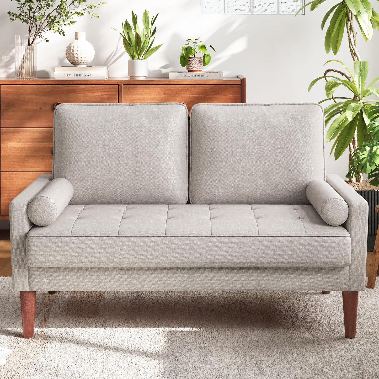 Vesgantti Loveseat Sofa with Solid Wood Legs, 48" Small Couches for Small Spaces, Love Seat for Living Room, Bedroom, Easy Assembly Mid Century Modern Couch with Throw Pillow for Apartment, Ashbeige
