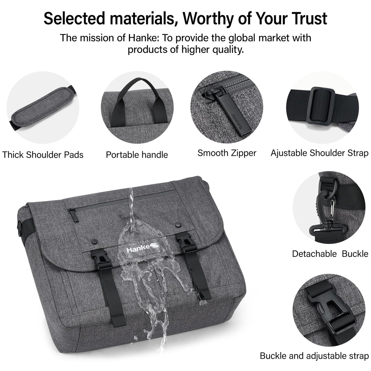 Hanke Durable Messenger Bag for Men with 15.6 Laptop Case, Business Cross Body Bag Briefcase for Women,School or Work Tote Bag Large Messanger Bag.（Dark Grey）