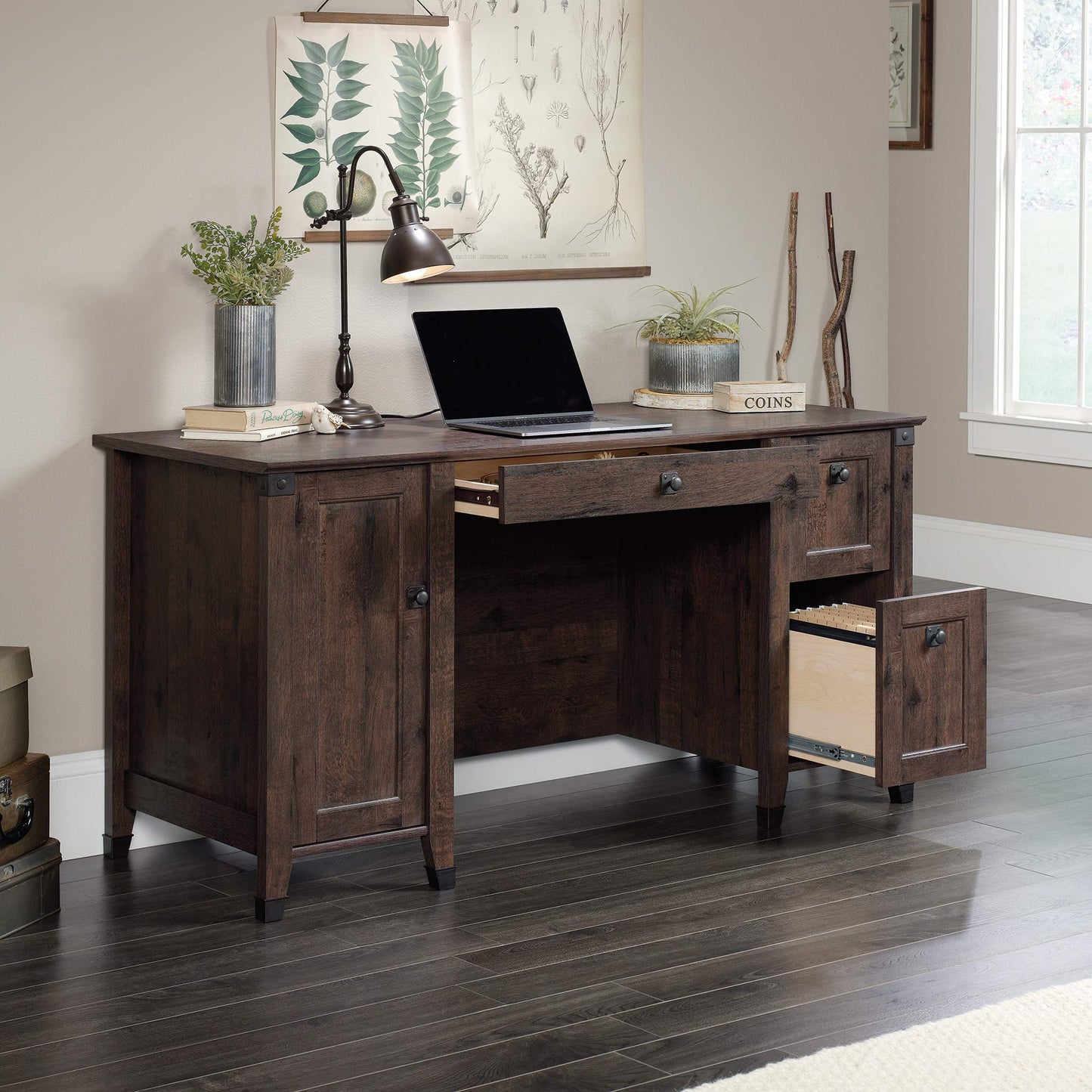 Sauder Carson Forge Rustic Vintage Computer Desk with Drawers Storage, in Coffee Oak finish