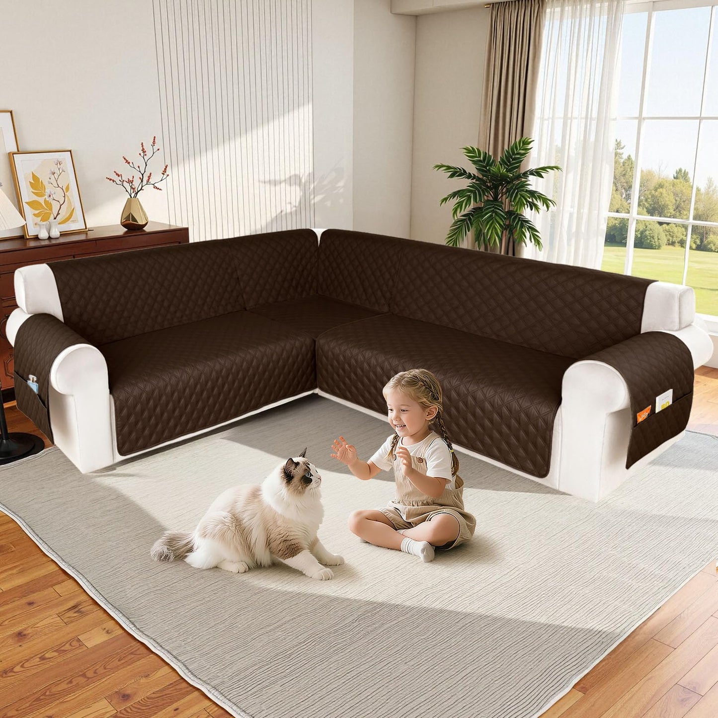 HDCAXKJ Waterproof Sectional Couch Cover L Shaped Sofa Covers Washable Corner Sectional Slipcovers Dog Pet Proof U Shape Furniture Protector with Upgraded Anti Slip Strips (X-Large, Chocolate)