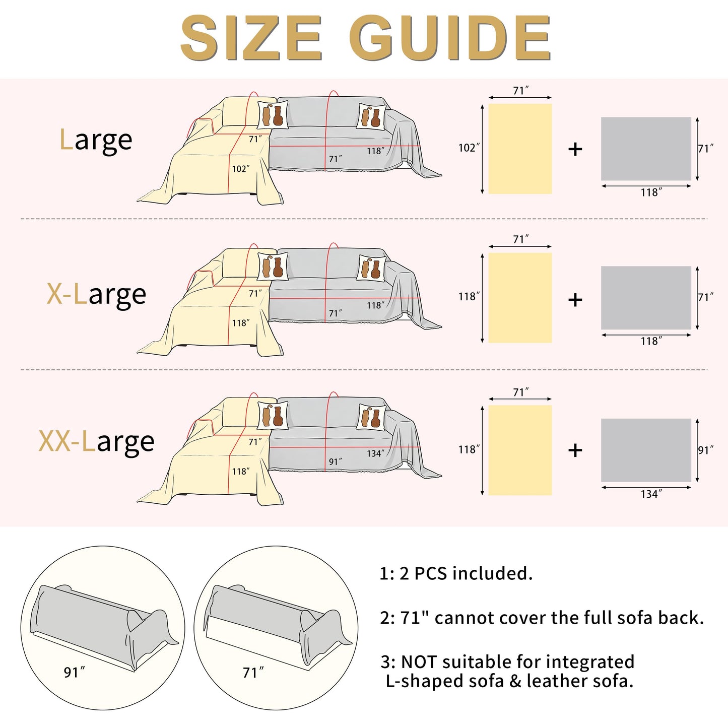 KaviKon Sectional Couch Covers 2-Piece for L Shape Sofa, Chenille Washable Sofa Cover for 2-3 Cushion Couch, Non-Slip Furniture Protector for Dogs,Pets, Soft Couch Blanket Slipcovers Sets (L-Cream)