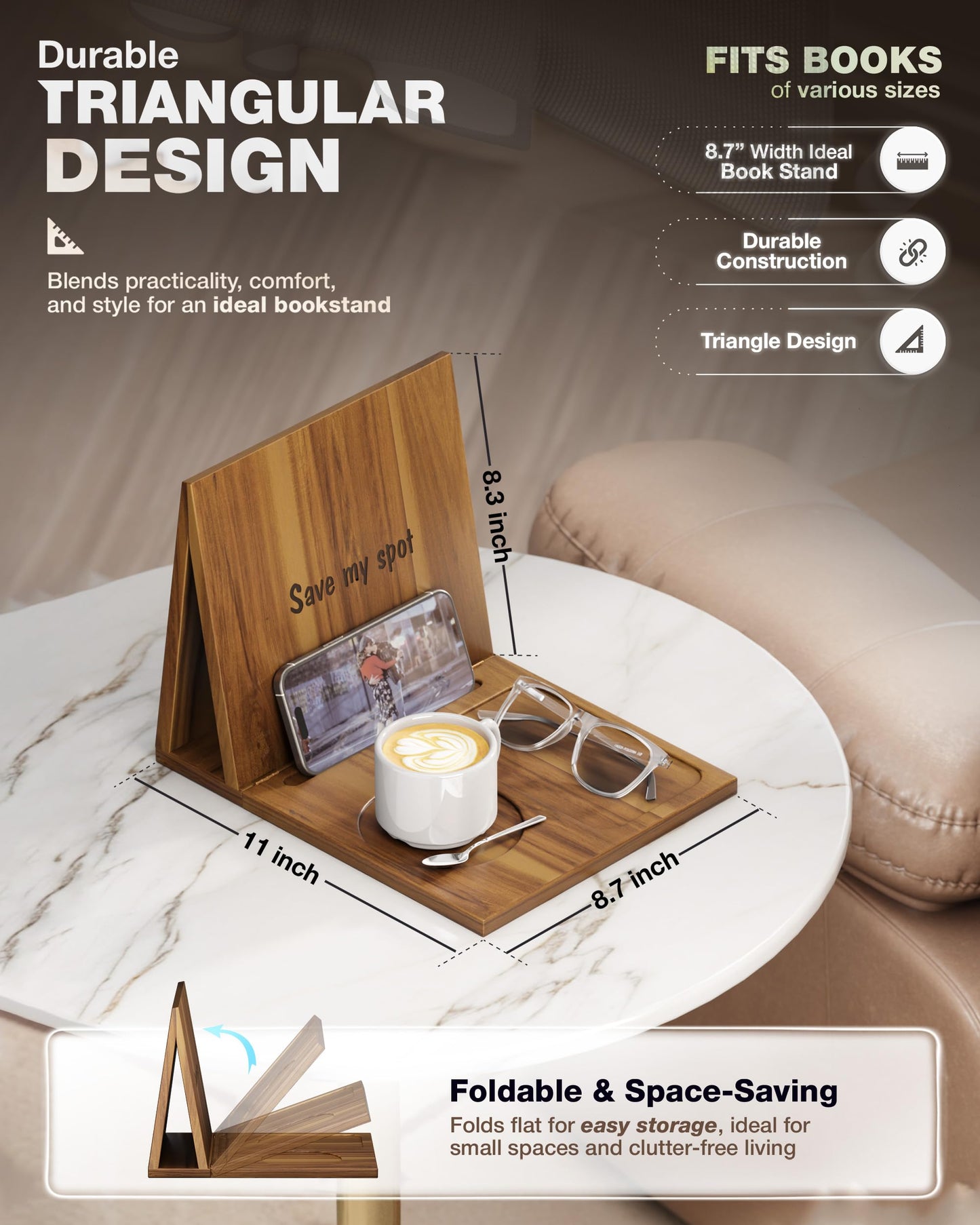 NAGAWOOD Triangle Book Holder, Wooden Book Stand for Reading Rest, Acacia Foldable Book Nook Reading Valet, Triangle Book Stand with Cup, Pen, Glasses and Phone Holder for Bedroom, Nightstand