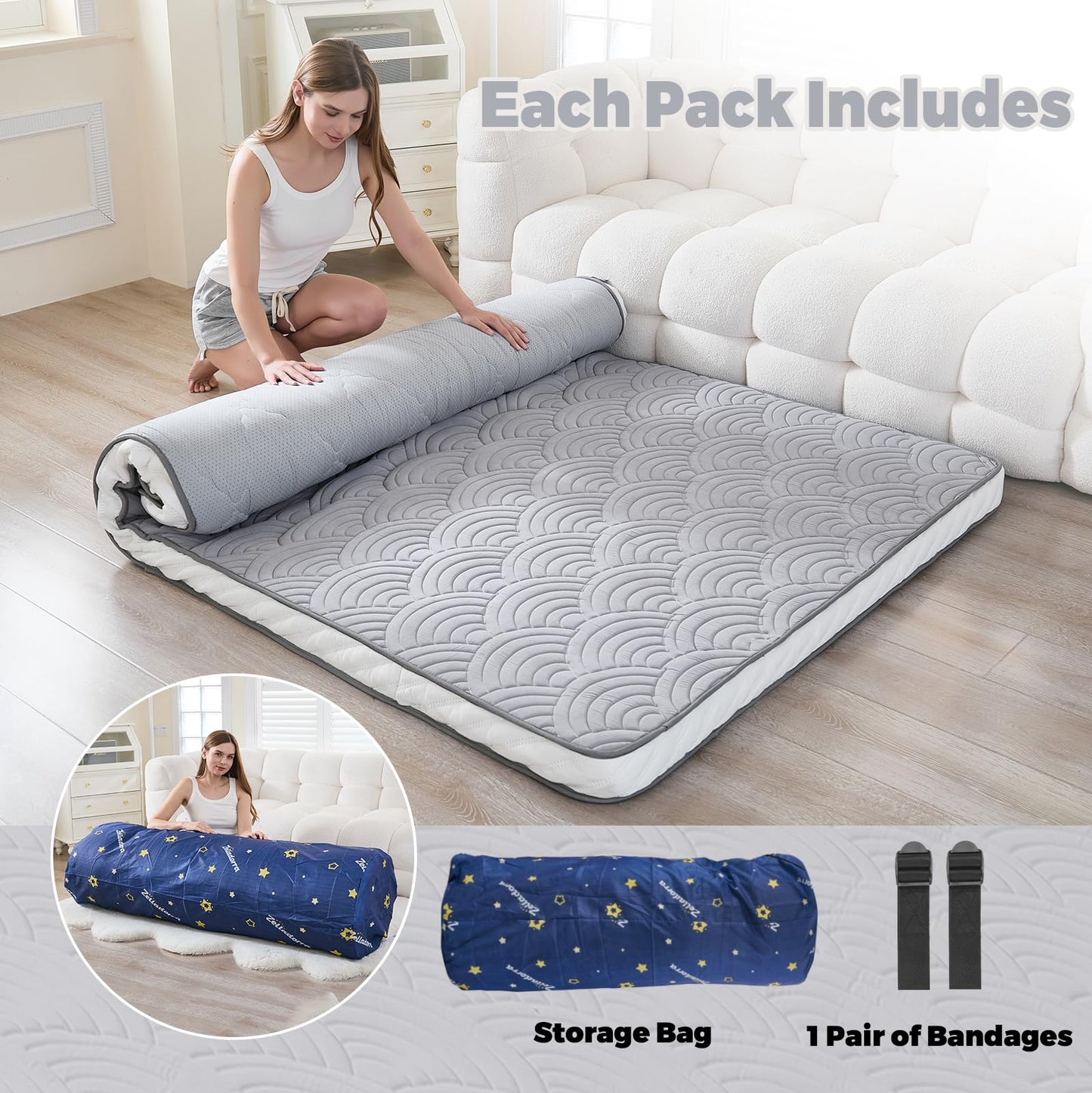 Zelladorra Japanese Floor Mattress, Quilted Futon Mattress with Anti-Slip Bottom, Foldable Floor Bed with Storage Bag and Straps, (Light Grey, Queen)