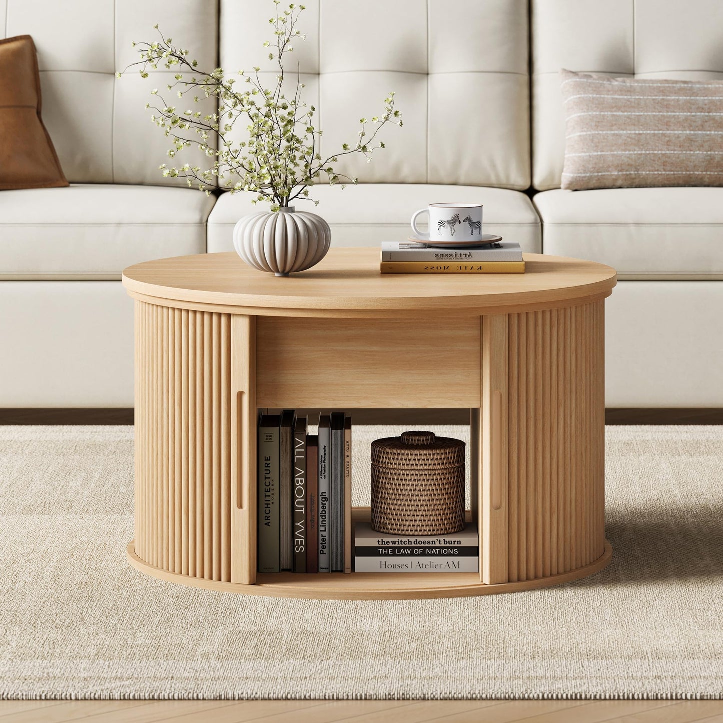 LINSY Lift Top Coffee Table, Round Fluted Coffee Table with Storage, Boho Wooden Coffee Tables with Sliding Tambour Door, 31.5" Center Table for Living Room, Office, Small Space, Natural Oak