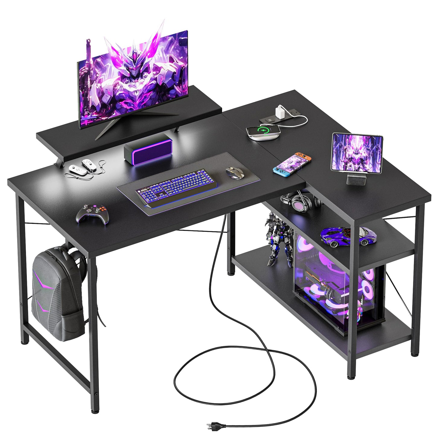 Mericonia Small L Shaped Computer Desk with Power Outlets, Reversible Gaming Desk with Storage Shelves & Monitor Stand, Corner Gamer Desk Table, Study Writing Table