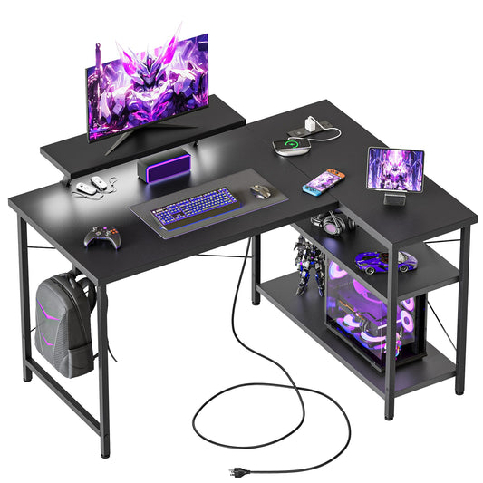 Mericonia Small L Shaped Computer Desk with Power Outlets, Reversible Gaming Desk with Storage Shelves & Monitor Stand, Corner Gamer Desk Table, Study Writing Table