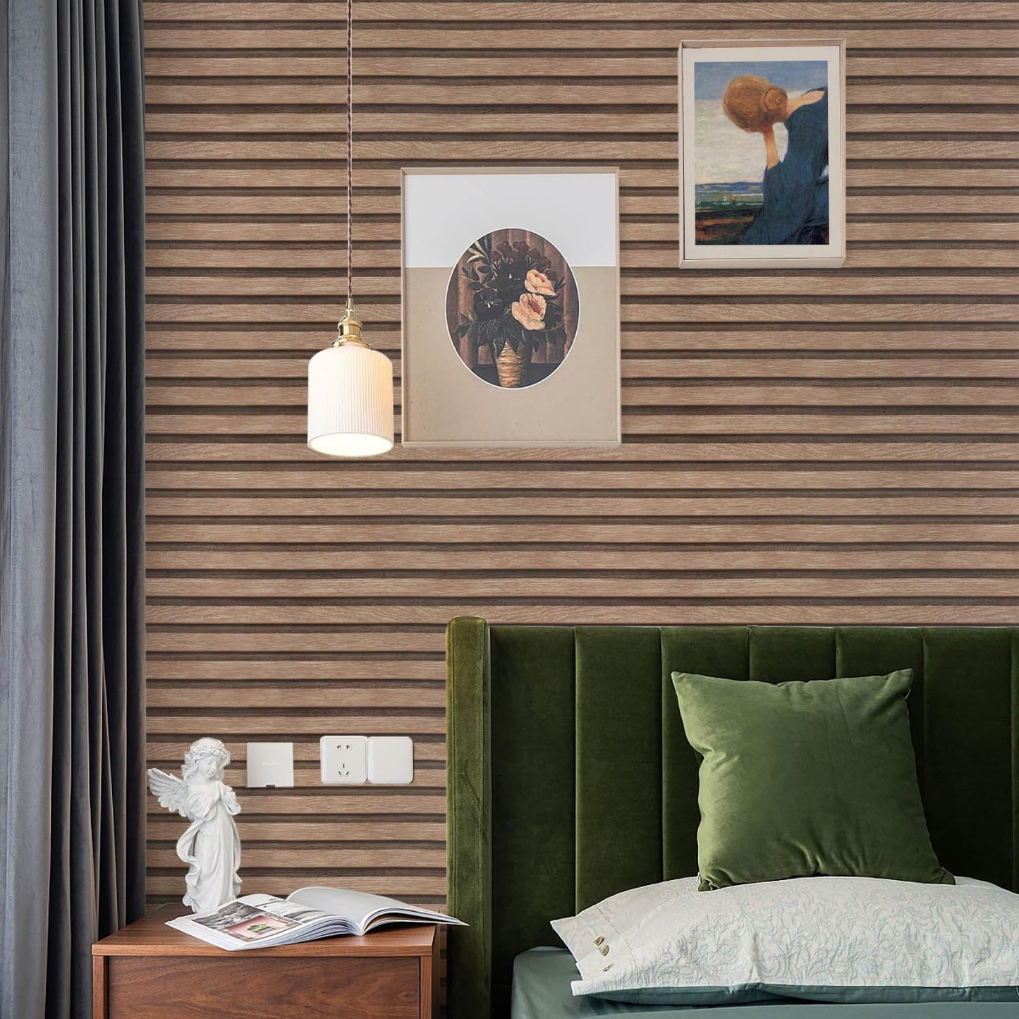 Yun-aeon Natural Wood Peel and Stick Wallpaper Wood Slats - 17.3"x 120" Light Tan Self-Adhesive Waterproof Vinyl Removable Wall Paper for Wall Decor Bedroom