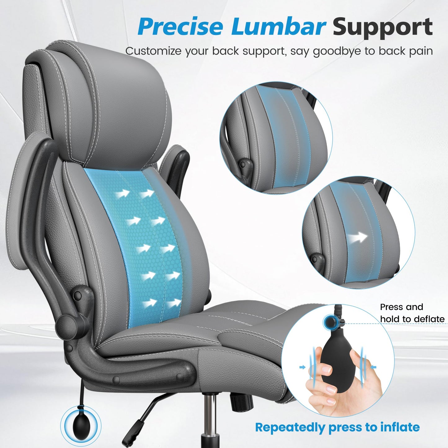 Stella Mia Ergonomic Office Chair – High Back Computer Desk Chair with Inflatable Lumbar Support & Flip-Up Arms, Heavy Duty PU Leather Executive Chair, Wide Seat, Long Hours, Light Gray