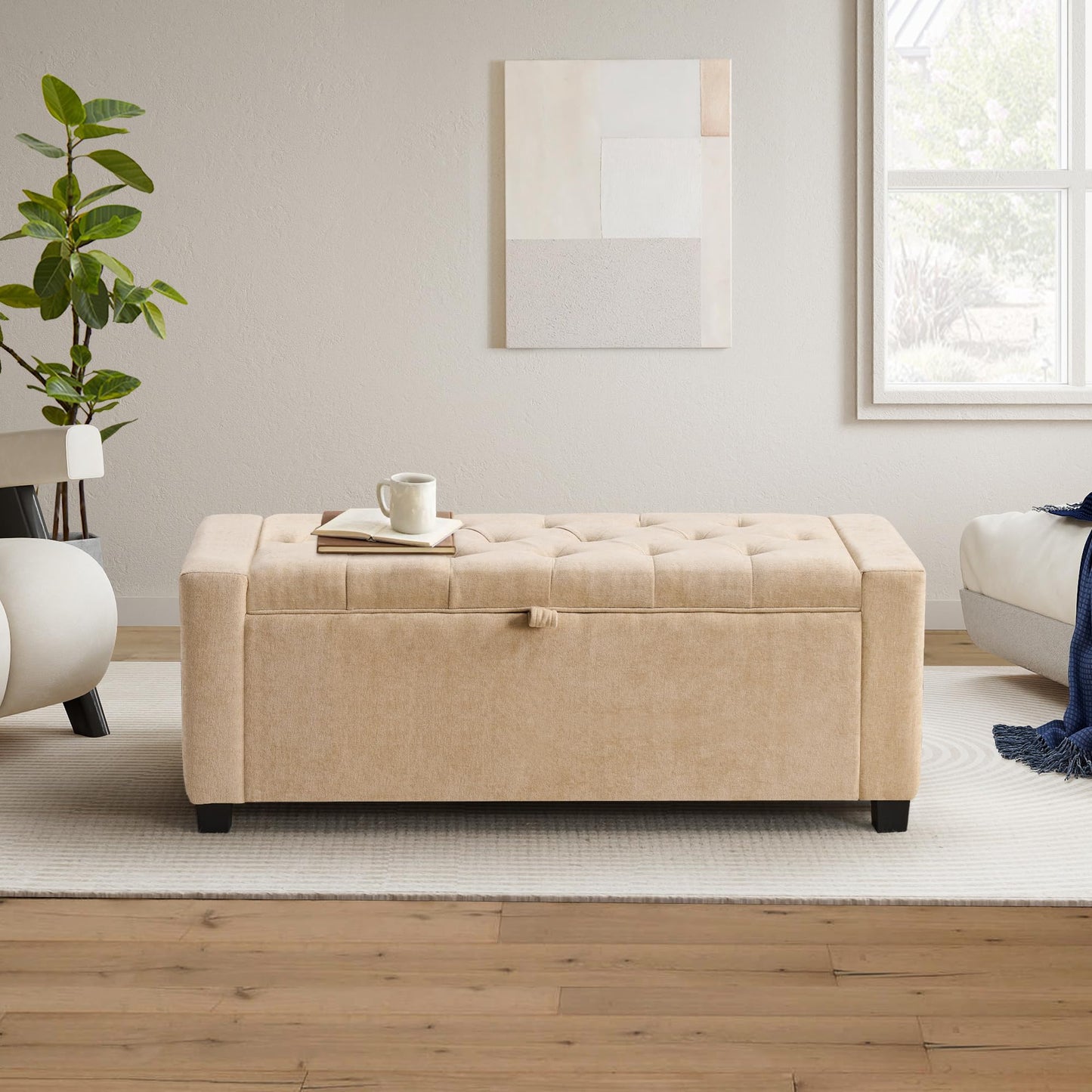 GRAINELL 42.13” Storage Ottoman Bench, Upholstered Tufted Bedroom Bench with Storage, End of Bed Storage Bench for Living Room & Entryway, 350 lb Capacity, Linen flaxen