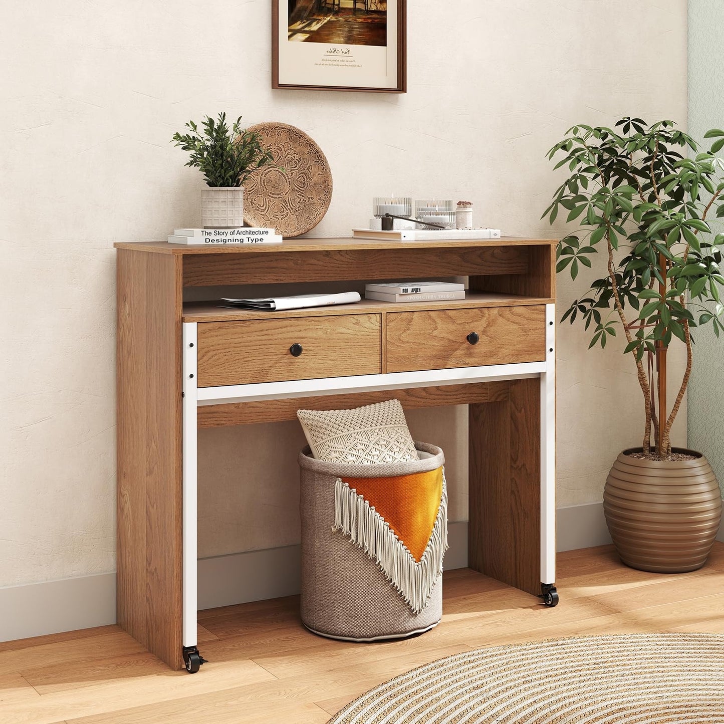 Giantex Small Computer Desk with Hutch & Drawers, Extendable Writing Desk w/Pull Out Secondary Table, Monitor Stand & Rolling Wheels, Console Table, Compact Desk for Small Spaces (Natural)