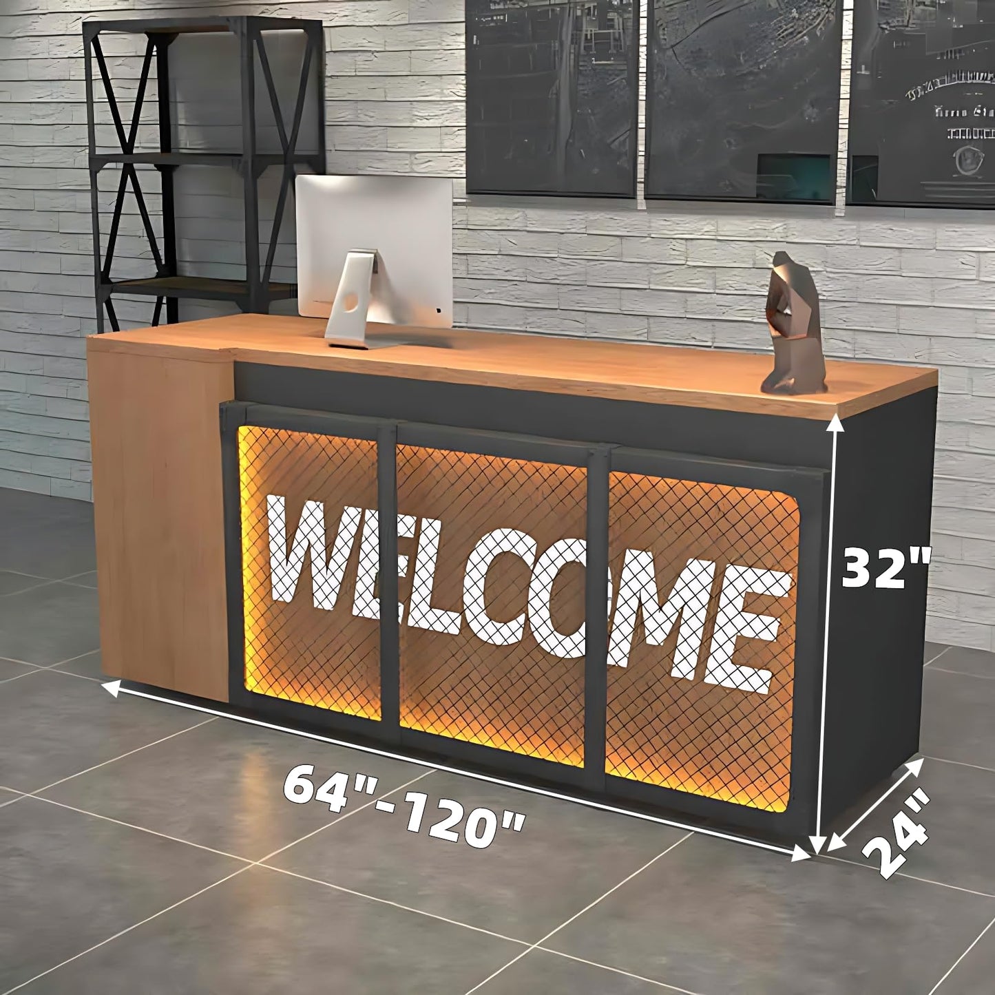 Industrial Reception Desk with LED Lighting, Solid Wood Counter for Retail & Office, Versatile Front Desk Table for Modern Workspaces, Stylish Reception Furniture