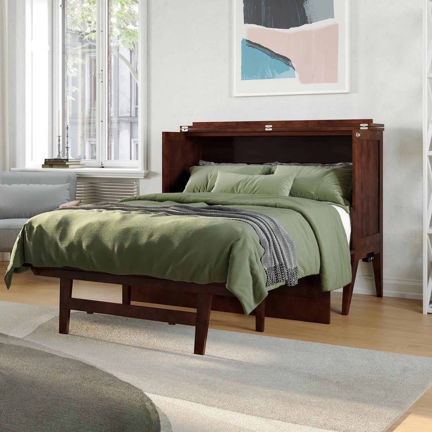 HomeStock Full Murphy Bed Desk with 6" Mattress & Built in Charger in Walnut