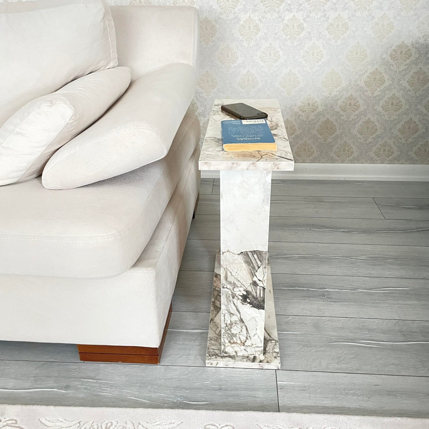 Very Narrow Side Table for Living Room, Small Apartment Space Between Chairs Skinny Table for Recliner, Couch, Armchair, Thin Slim End Table for Living Room, Bedroom, Beverages (White Marble)
