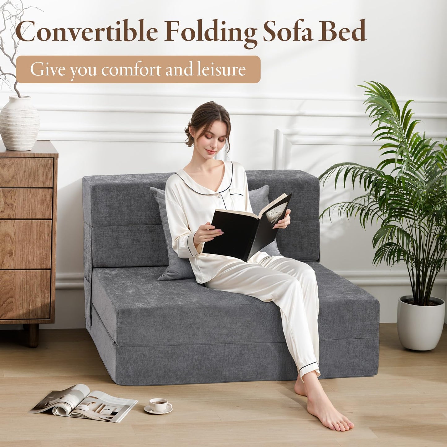 HOMFINE Folding Sofa Bed - Convertible Sleeper Chair with Pillow, Fold Out Couch, Memory Foam Floor Mattress, Futon Couch, Lazy Sofa for Living Room/Dorm/Guest Room/Home Office, Twin, Grey