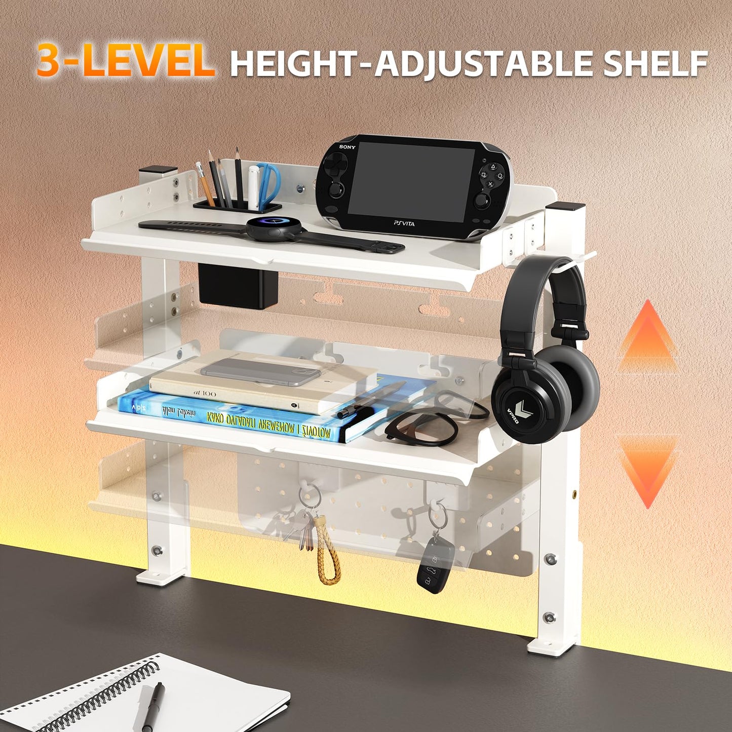 2-Tier Steel Clamp On Desk Shelf, Adjustable 16 inch Desk Storage Shelves with Pegboard and Pencil Holder,Above or Under Heavy Duty Desktop Organizer with Headphone Holder for Desk Accessories (White)