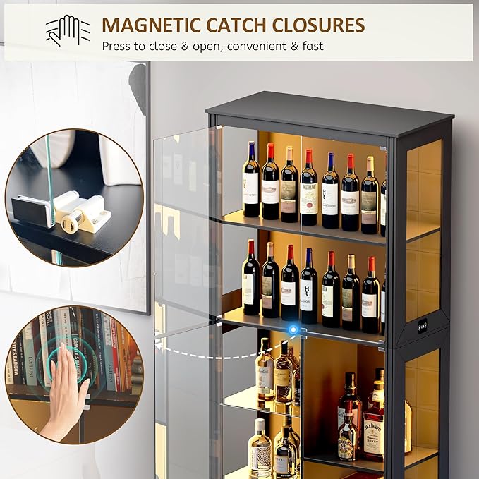 71” Display Cabinet with Glass Doors, Modern Curio Cabinet with 3 Color Lights