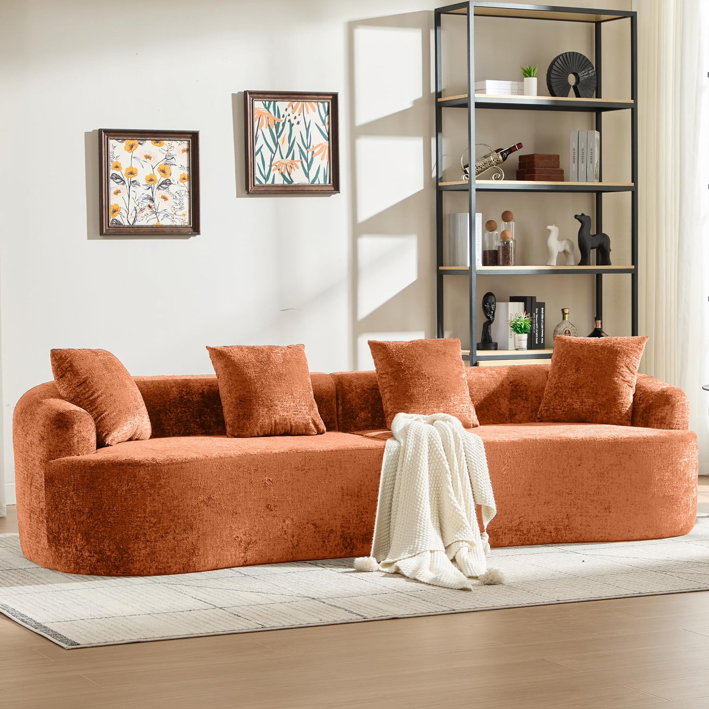 Sectional Sofa, Curved Cloud Sofa Couch, Chenille Full Sponge Chaise for Living Room, Apartment (Orange, 110 Inch)