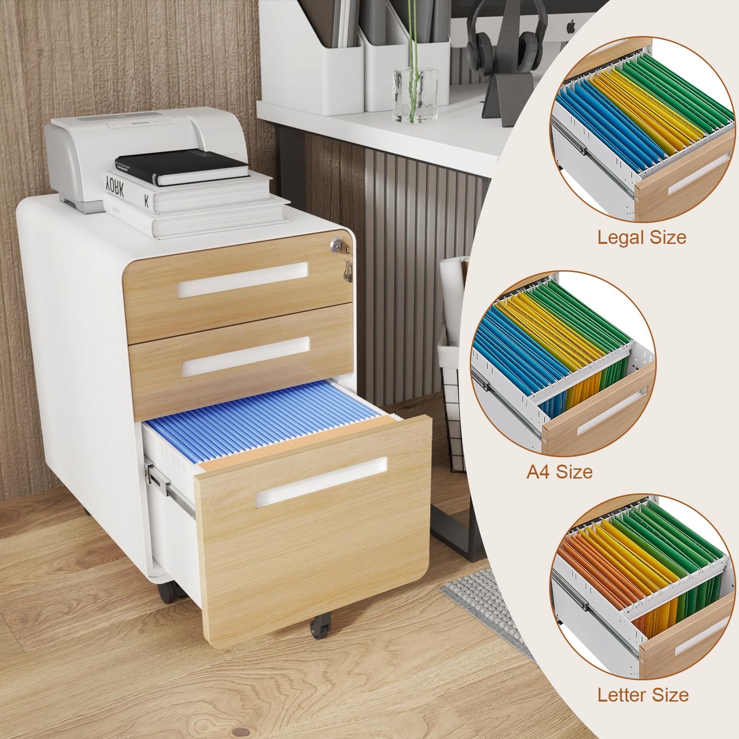 GarveeHome 3 Drawer Mobile File Cabinet with Lock, Under Desk Metal Filing Cabinet for Home Office, Under Desk Storage with 5 Wheels for A4/Letter/Legal Size, Fully Assembled