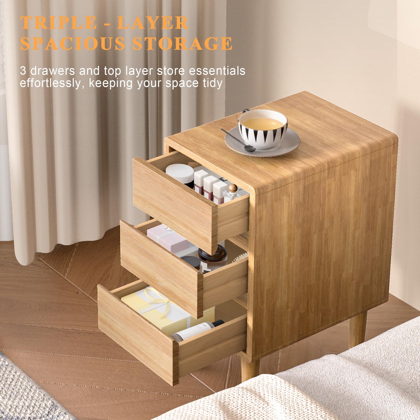 Nightstand with 3 Drawers Narrow Night Stand Solid Wood Bedside Table Mid Century Modern Nightstand Wooden End Table for Bedroom, Study, Office