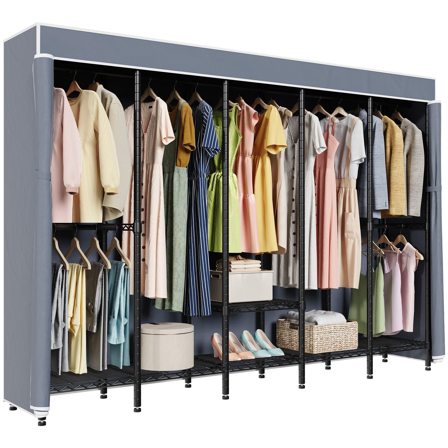 Higeego 94.5"W Heavy Duty Garment Rack with Cover, H5C Large Clothes Rack with Adjustable Shelves and Hanging Rods Dustproof Closet for Storage and Organizer, Black Rack with Grey Cover, Load 1400 lbs