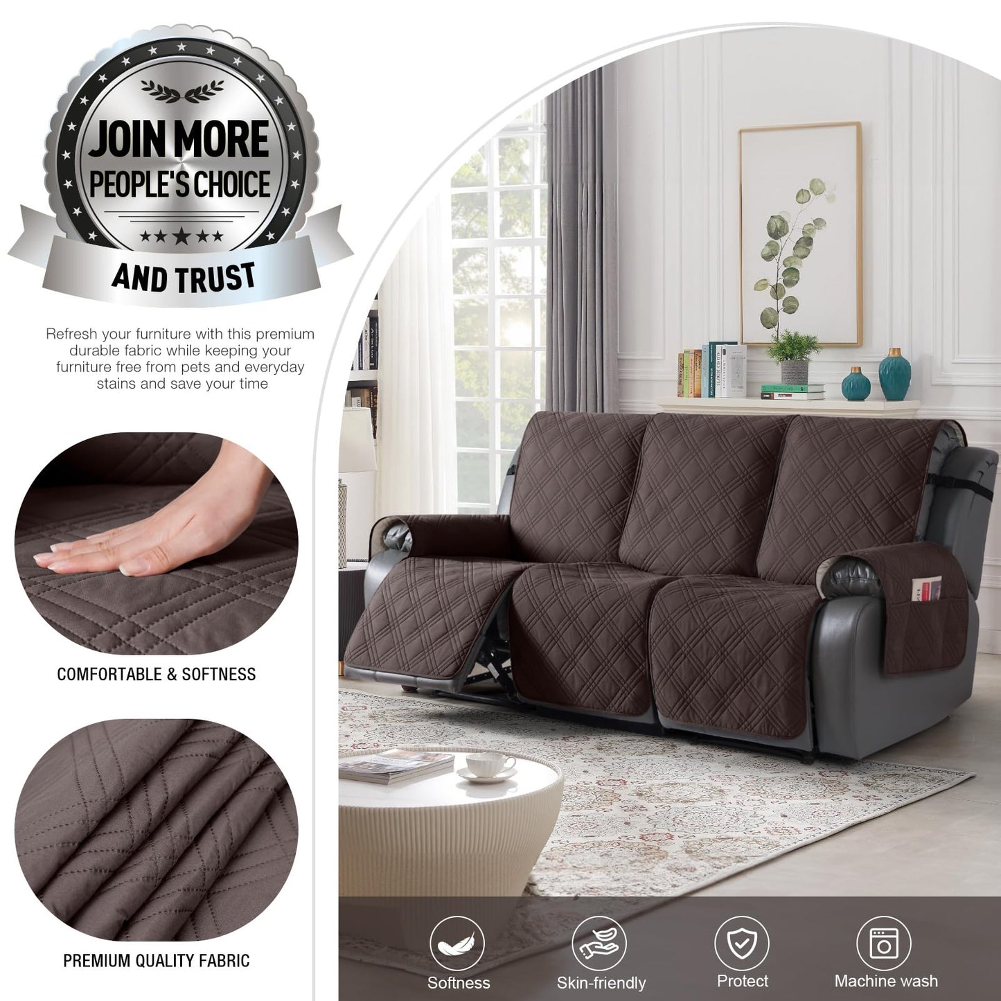 TAOCOCO 100% Waterproof Recliner Sofa Cover Non Slip Couch Cover for 3 Seat Reclining Sofa, Split Reclining Couch Covers 3-Piece with Straps, Washable Sofa Slipcover for Kids Pets(3 Seater, Chocolate)