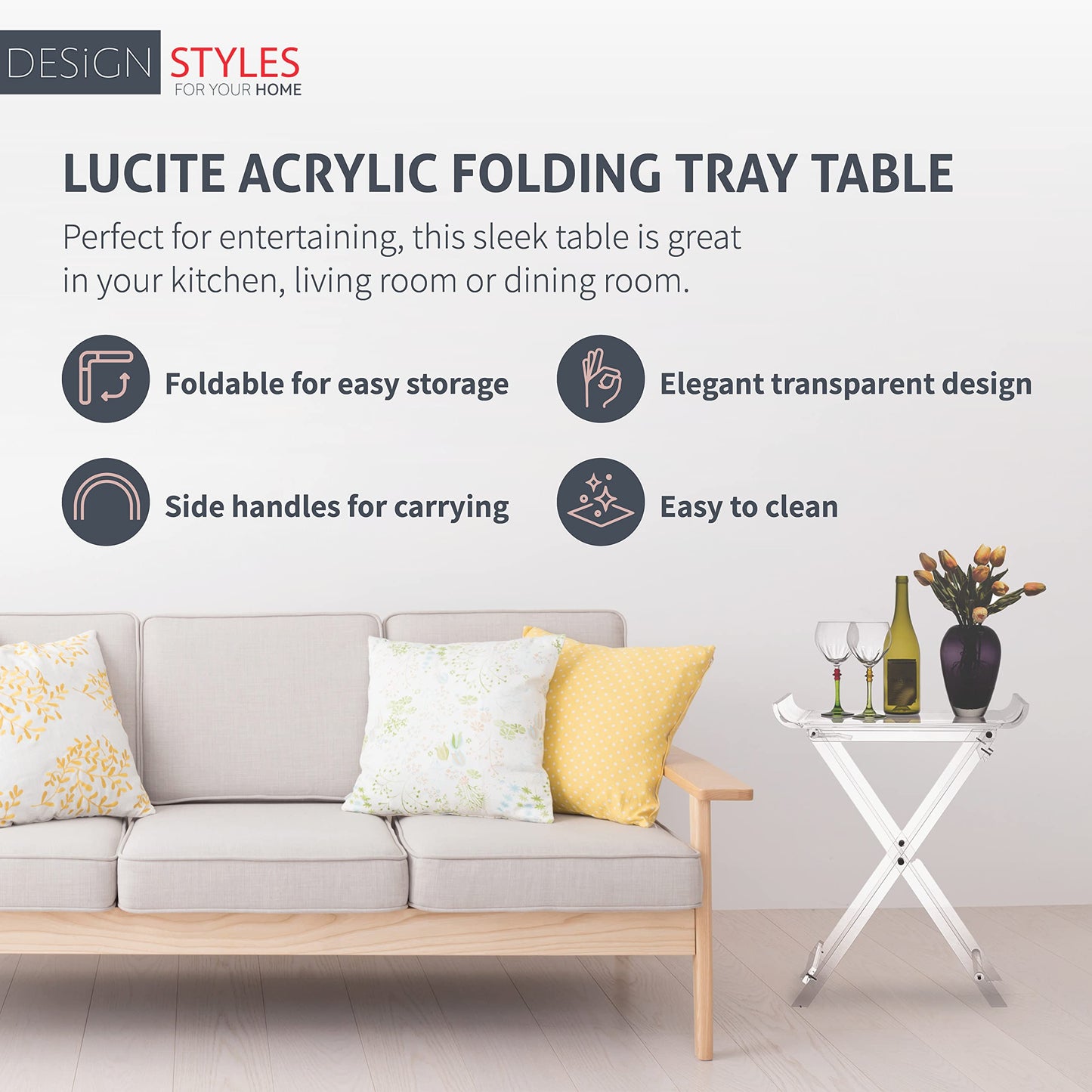 Designstyles Acrylic Folding Tray Table – Modern Chic Accent Desk - Kitchen and Bar Serving Table - Elegant Clear Design (Curved Top)