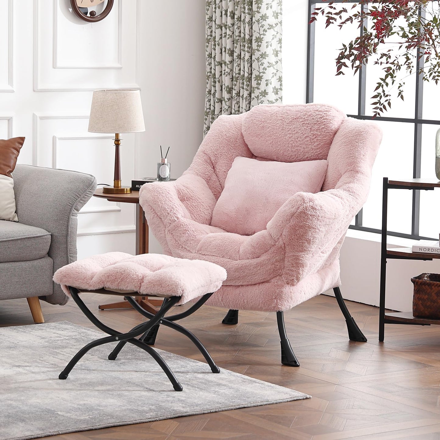 HomEastlly Lazy Chair with Ottoman, Large Pink Accent Chair with Ottoman and FA Throw Pillow, Comfy Plush Reading Chair for Living Room Bedroom Dorm Room Office Apartment Relaxing Use