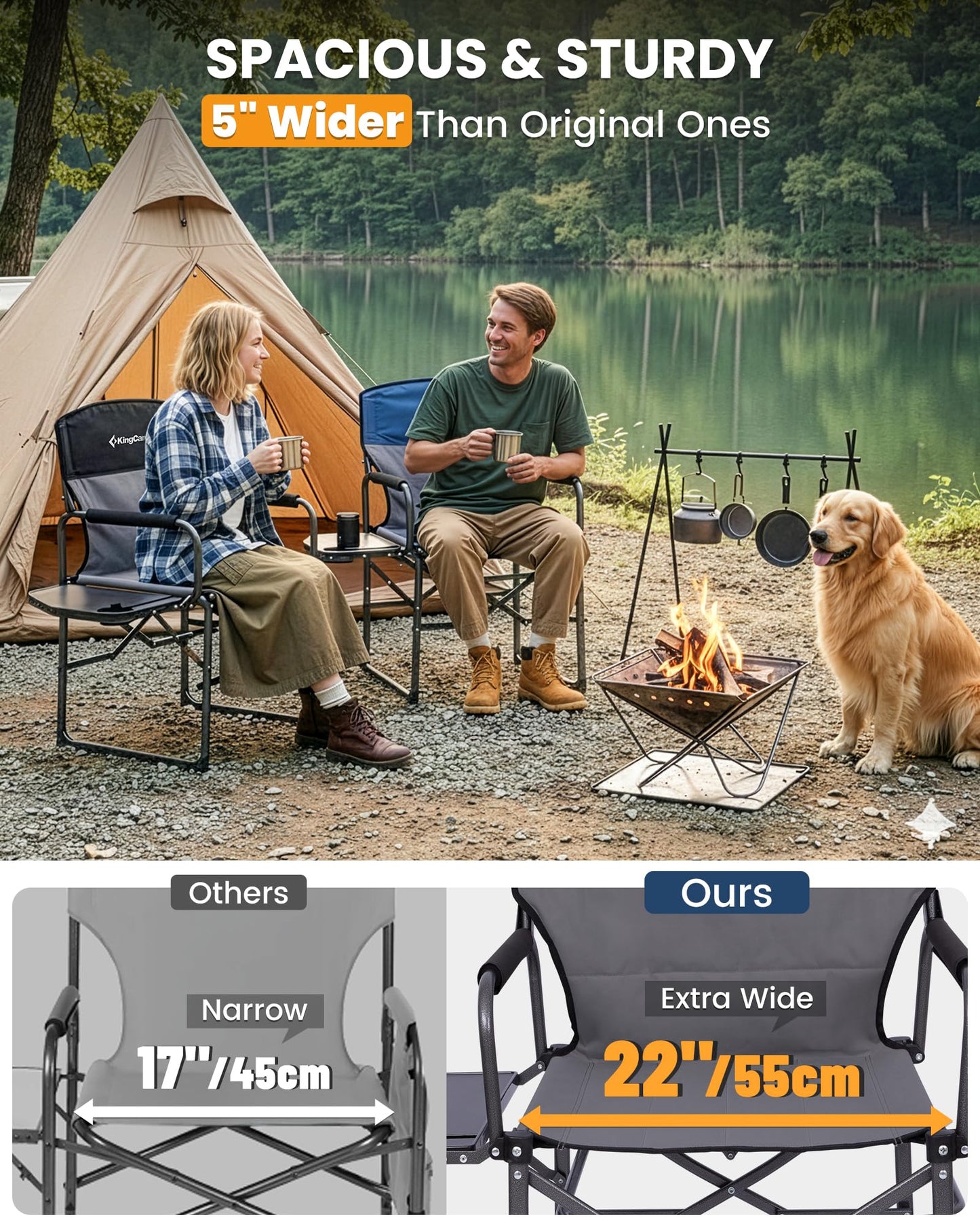 KingCamp Oversized Camping Directors Chair for Big and Tall, Heavy Duty 440lbs Folding Chairs with Side Table, Portable Padded Camp Chairs with Wide Seat & Anti-Sag Fabric for Outdoor Lawn Fishing RV