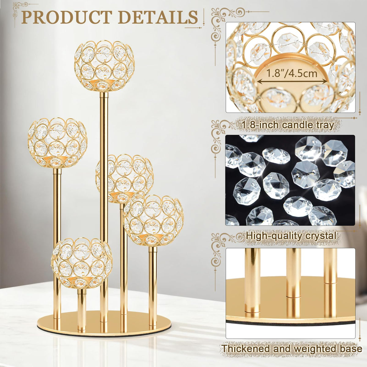 Kolnlala 5-Arm Crystal Tealight Candelabra Centerpiece, 14.8 Inch Metal Candle Holder for Table Decor, Wedding, Christmas, Party, Anniversary & Home Decoration (1, Gold, S-14.8 in)
