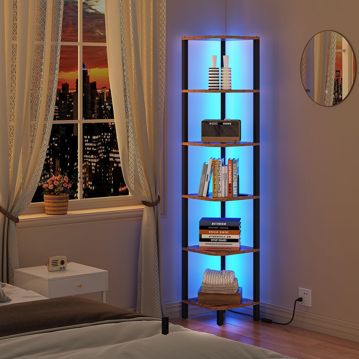 TUTOTAK Corner Shelf with LED Light, 6-Tier Corner Bookshelf for Small Space, Narrow Display Corner Shelf Stand with Storage Rack, for Living Room, Bedroom, Rustic Brown BS08BB006L