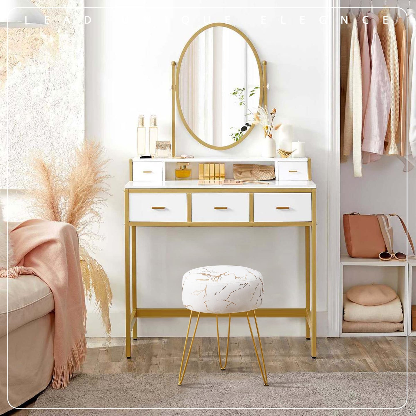 LUE BONA Vanity Stool, Gold Vanity Stools for Makeup Room, Round Ottoman Foot Stool, Velvet Footrest Vanity Chair for Bathroom Vanity, Bedroom, Living Room, Entryway, Offices, 300lbs