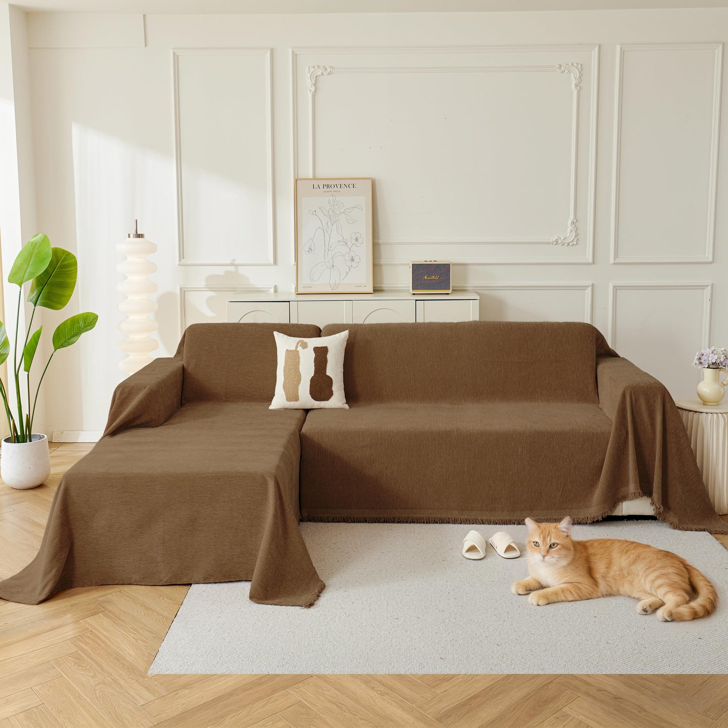KaviKon Sectional Couch Covers 2-Piece for L Shape Sofa, Chenille Washable Sofa Cover for 2-3 Cushion Couch, Non-Slip Furniture Protector for Dogs,Pets, Soft Couch Blanket Slipcovers Sets (L-Brown)
