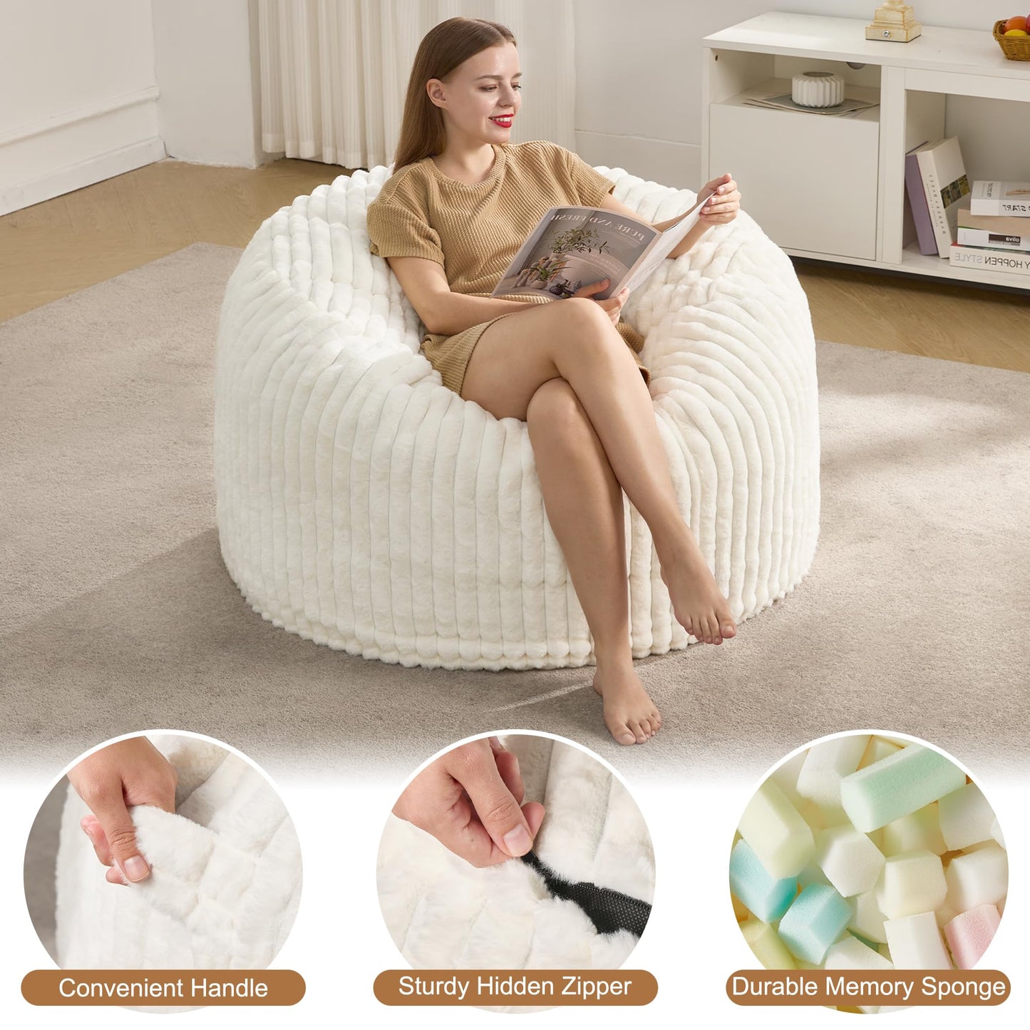 Hobestluk 3ft Bean Bag Chairs for Adults Large Beanbag Chair with Stripe Plush Cover Big Bean Bag Chair for Living Room Bedroom Dorm Office - White (36” x 36” x 22”)