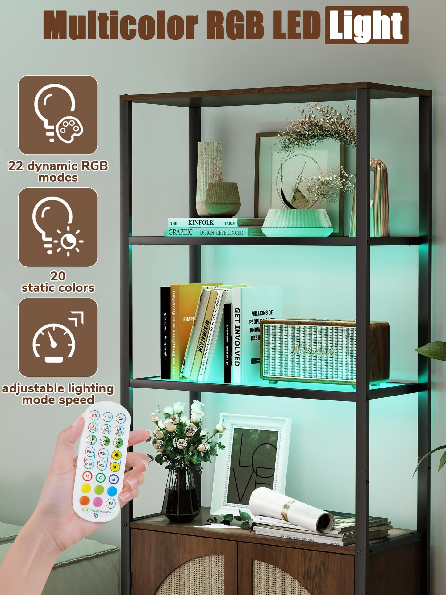 Qriocioa 71" Tall Rattan Bookcase with LED Light, 3 Open Shelves & 2 Door Storage Cabinet, Mid Century Boho Bookshelf, Open Display Bookcase for Living Room, Home Office, Bedroom