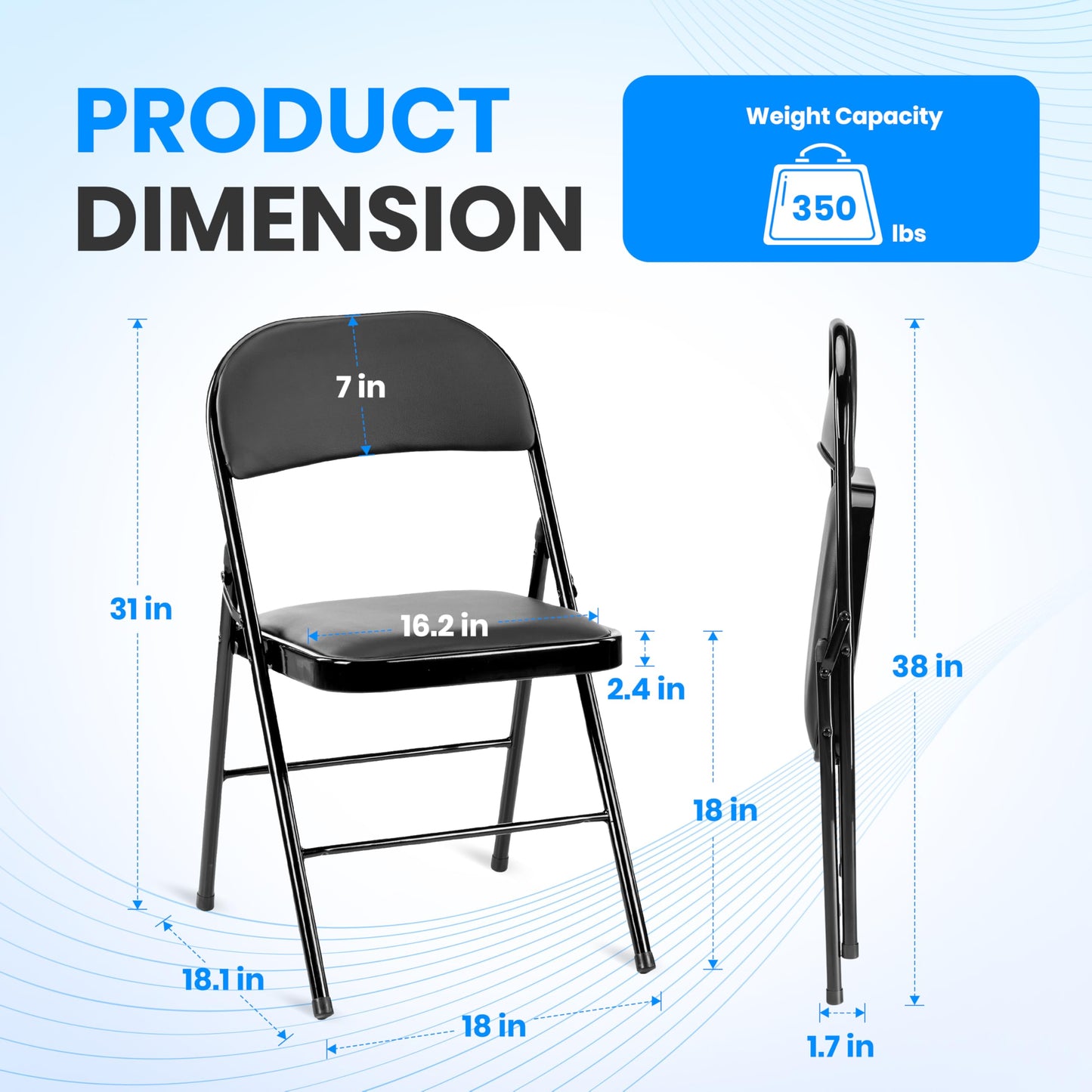 Simple Deluxe 4 Pack Folding Chairs with Leather Padded Cushion Seats & Durable Metal Frame, Comfortable, Foldable, Portable, Commercial Event Seat, Indoor Outdoor for Parties, Home, Office, Black
