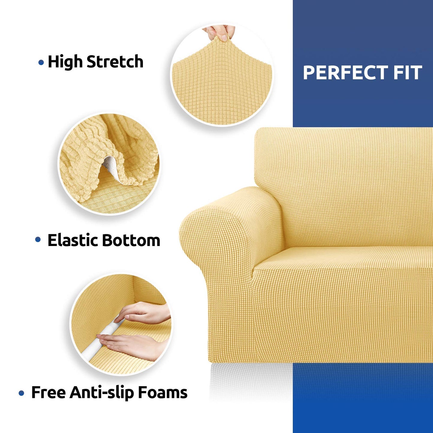 KEKUOU Stretch Sofa Cover Slipcover ，Couch Covers for 3 Cushion Couch Sofa pet Friendly (78"-94") Furniture Protector Sofa with Elastic Bottom for Kids,Dog, Jacquard Small Checked(Large,Champagne)