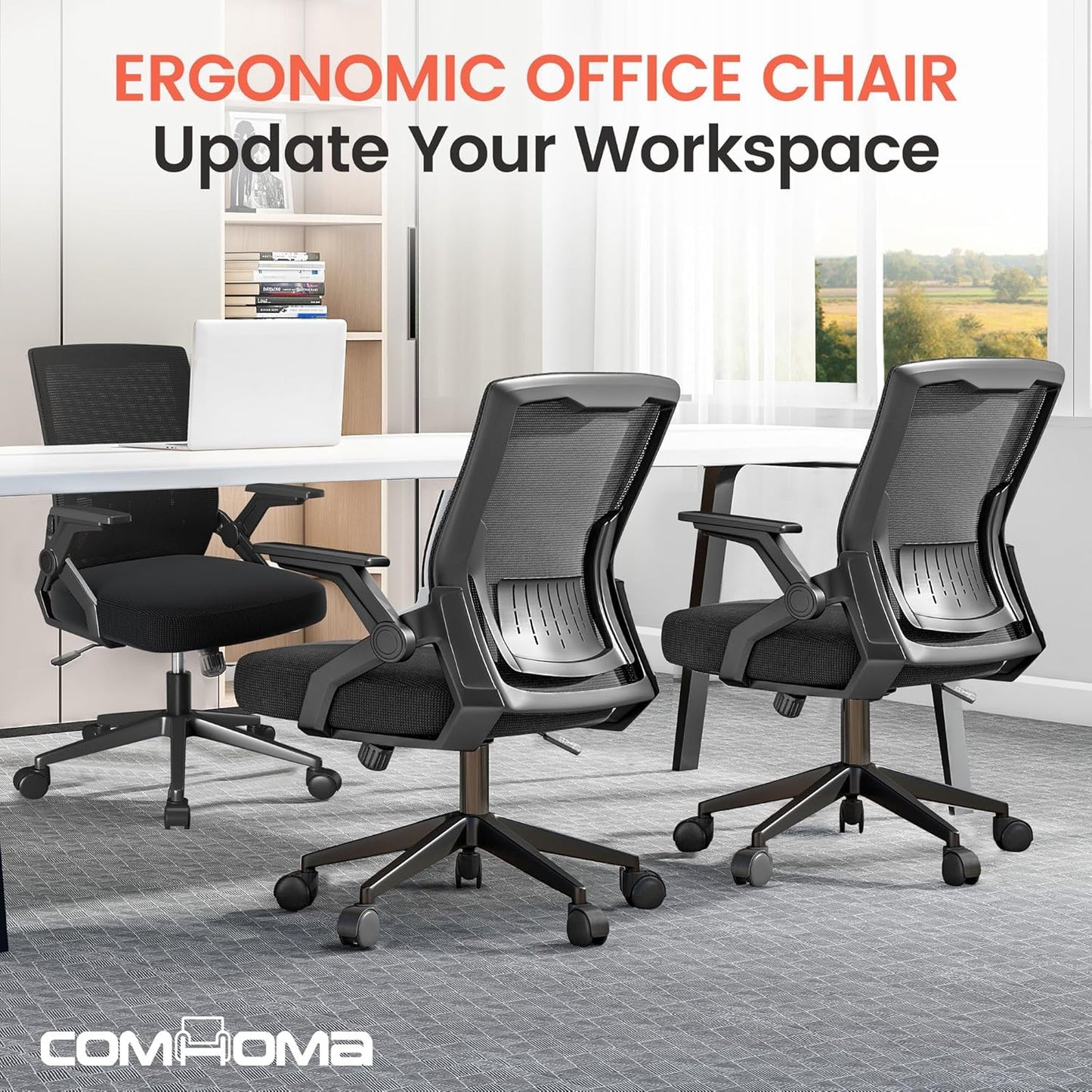 COMHOMA Office Chair with Flip-up Armrests Ergonomic Computer Desk Chair with Adaptive Lumbar Support & Breathable Mesh, Black, Pack of 2