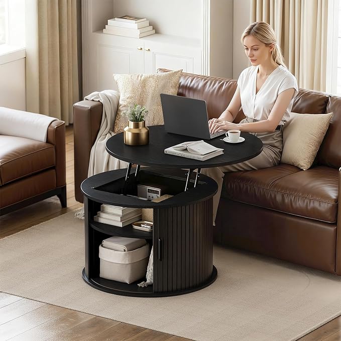 FABATO Round Lift Top Coffee Table, Fluted Wood Accent Coffee Table