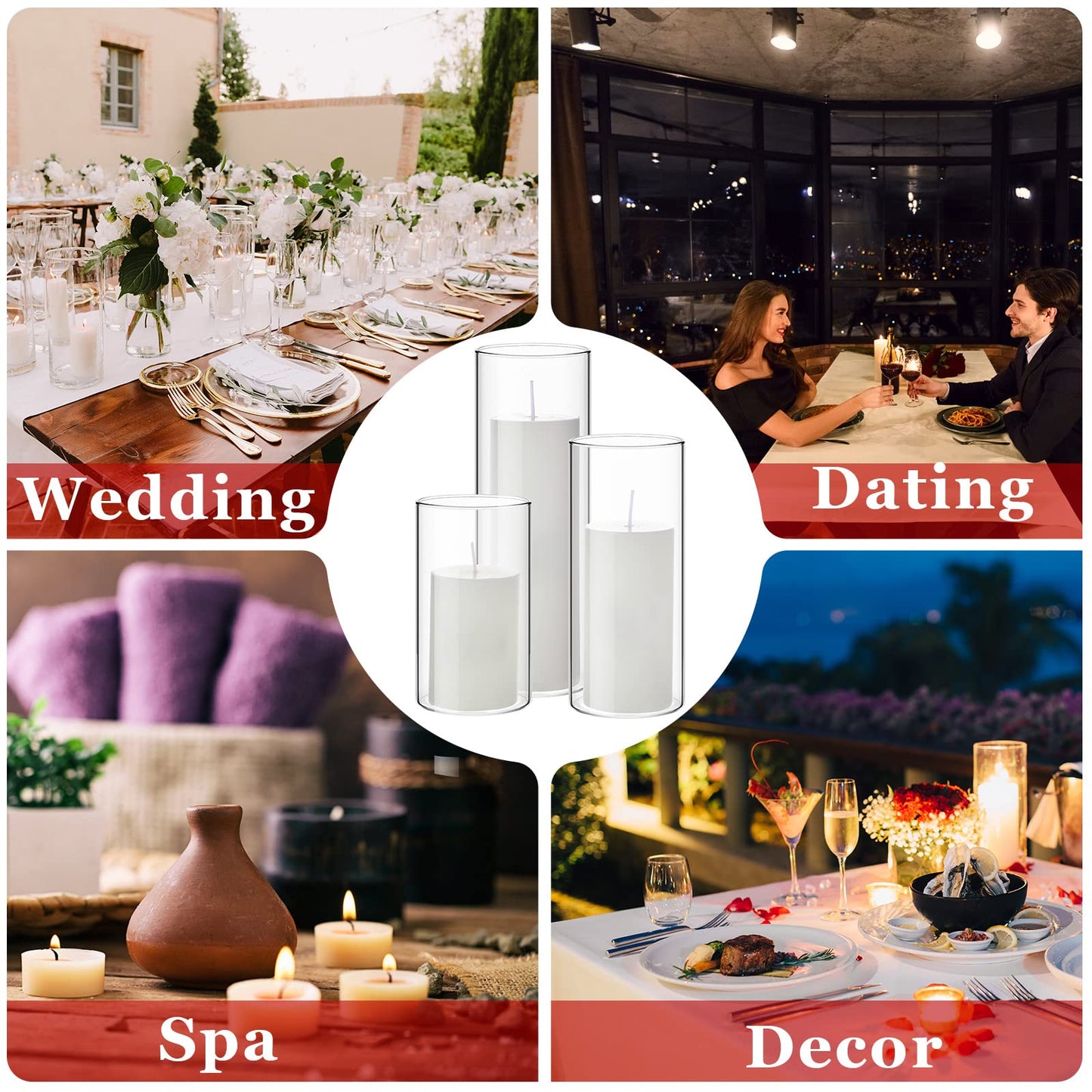 Shihanee Set of 12 Pillar Candles and Glass Cylinder Vases Clear Cylinder CandleHolders for Slim Pillar Candles Wedding Centerpieces(2.6'' X 4.7'', 5.9'', 7.9'',White)