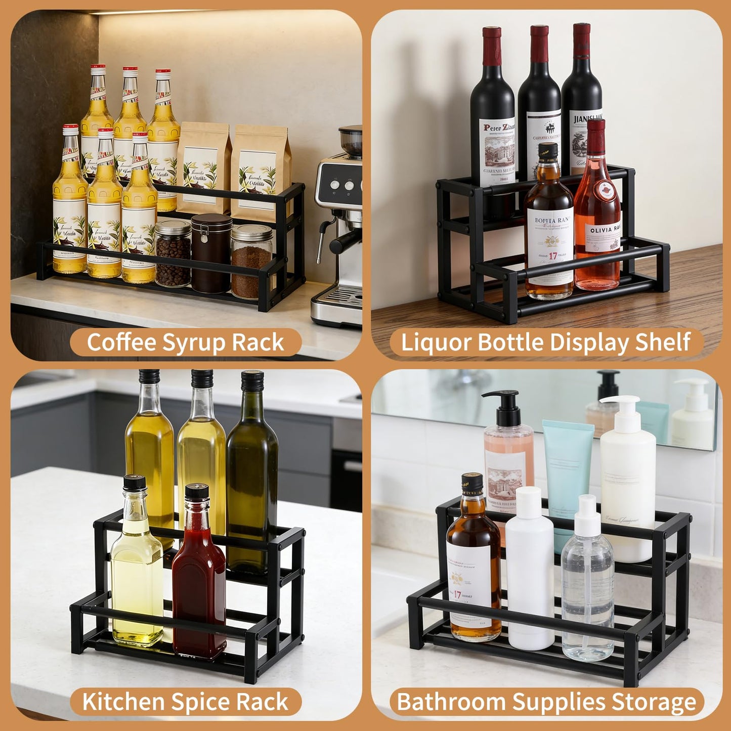 MegoSage Expandable Coffee Syrup Organizer – Adjustable 12.6"–22.8" Metal Liquor Bottle Display Shelf, Heavy Duty Coffee Bar Storage, Tabletop Wine Racks for Cafe, Home Bar, Kitchen (Black)