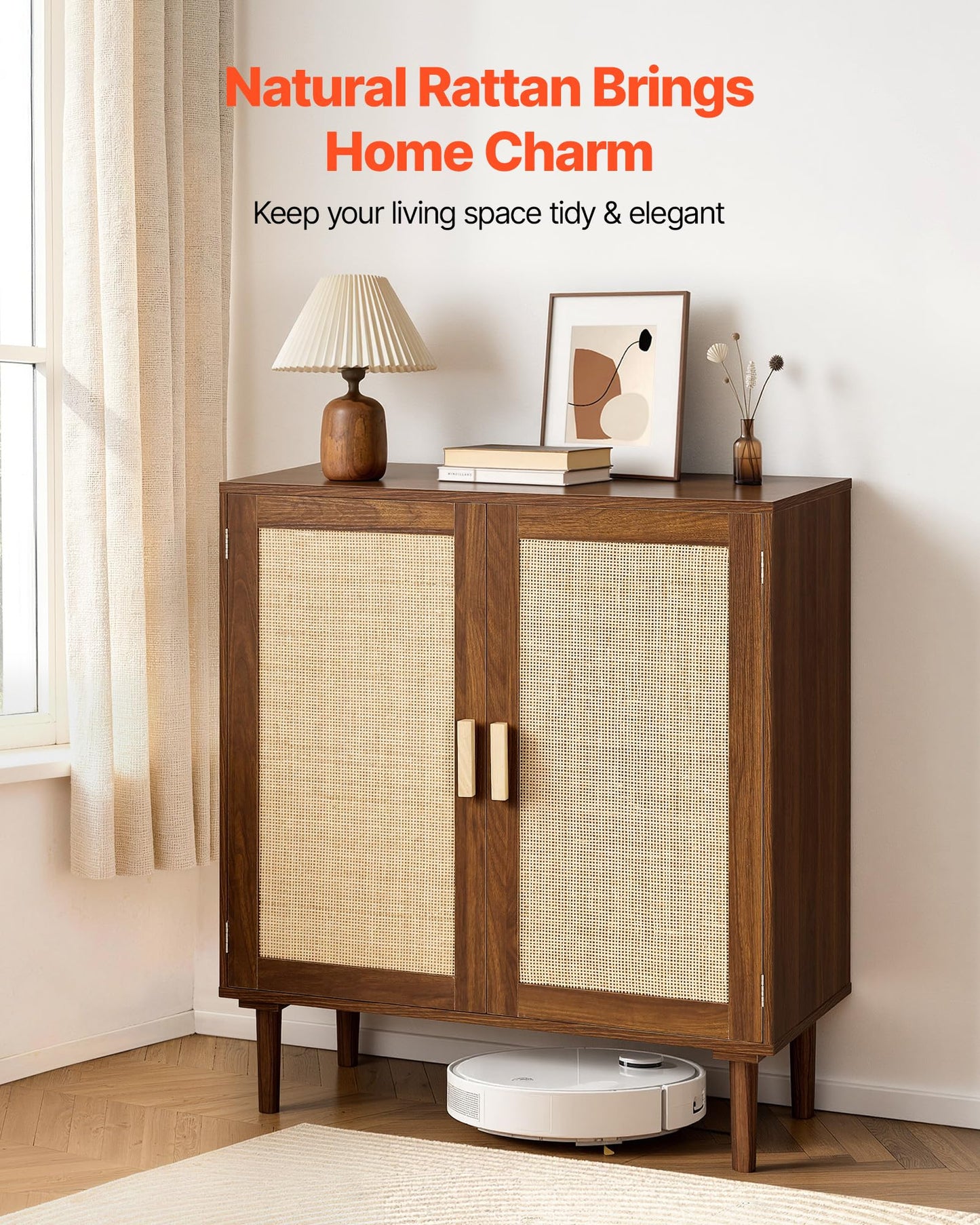 VEVOR Rattan Cabinet, Rattan Storage Cabinet with 2 Magnetic Doors and Adjustable Shelves, Accent Sideboard Buffet with Wooden Legs & Power Cord Hole for Hallway, Entryway, Living Room, Kitchen, Brown